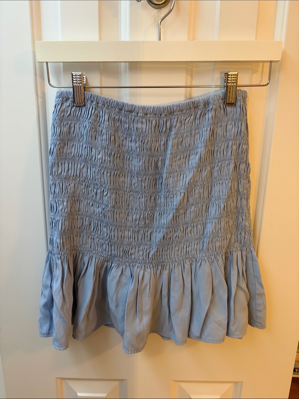 Smocked Light Blue Mini Skirt with Ruffle Hem